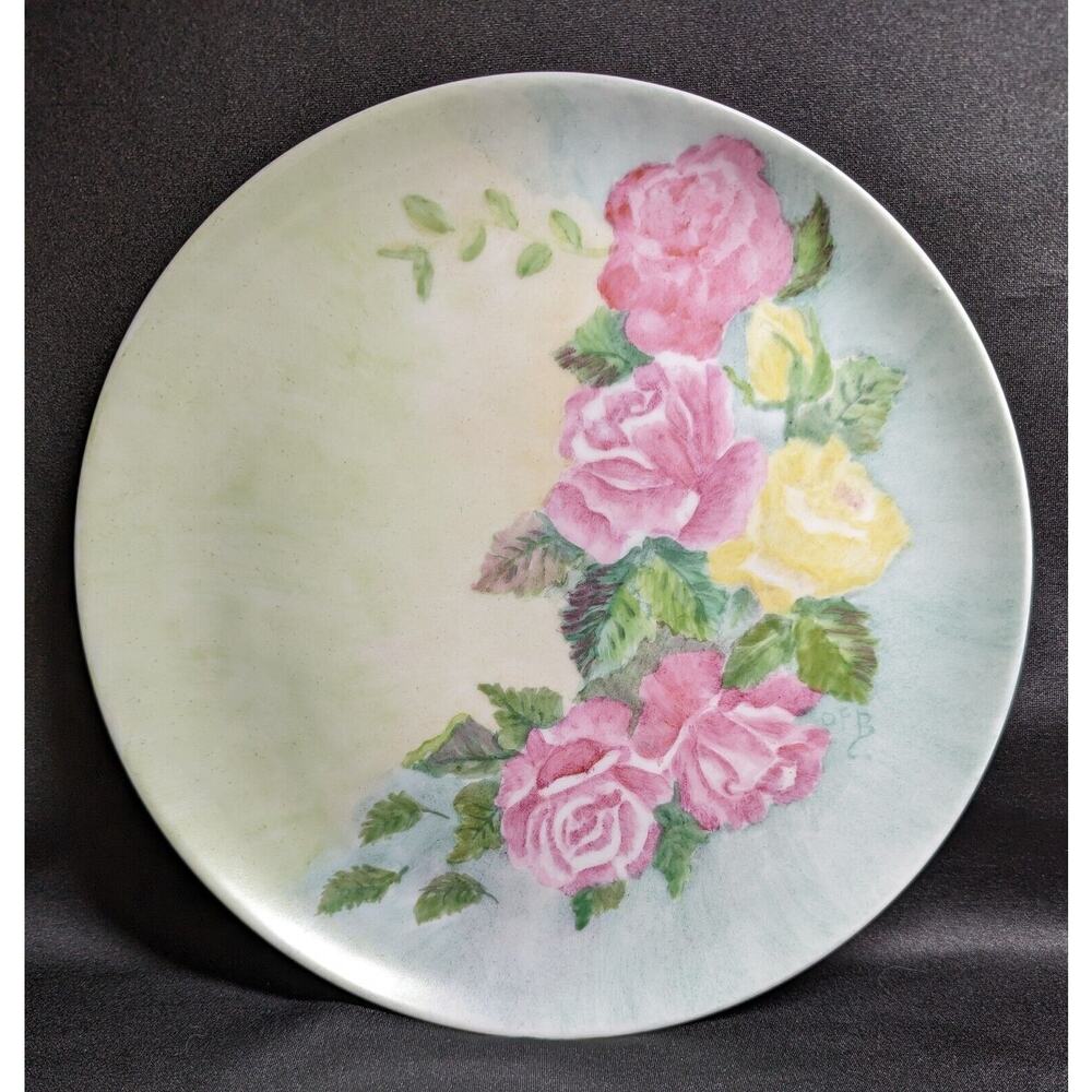 Hand Painted 9" Display Plate Made in Germany Pink And Yellow Roses Porcelain